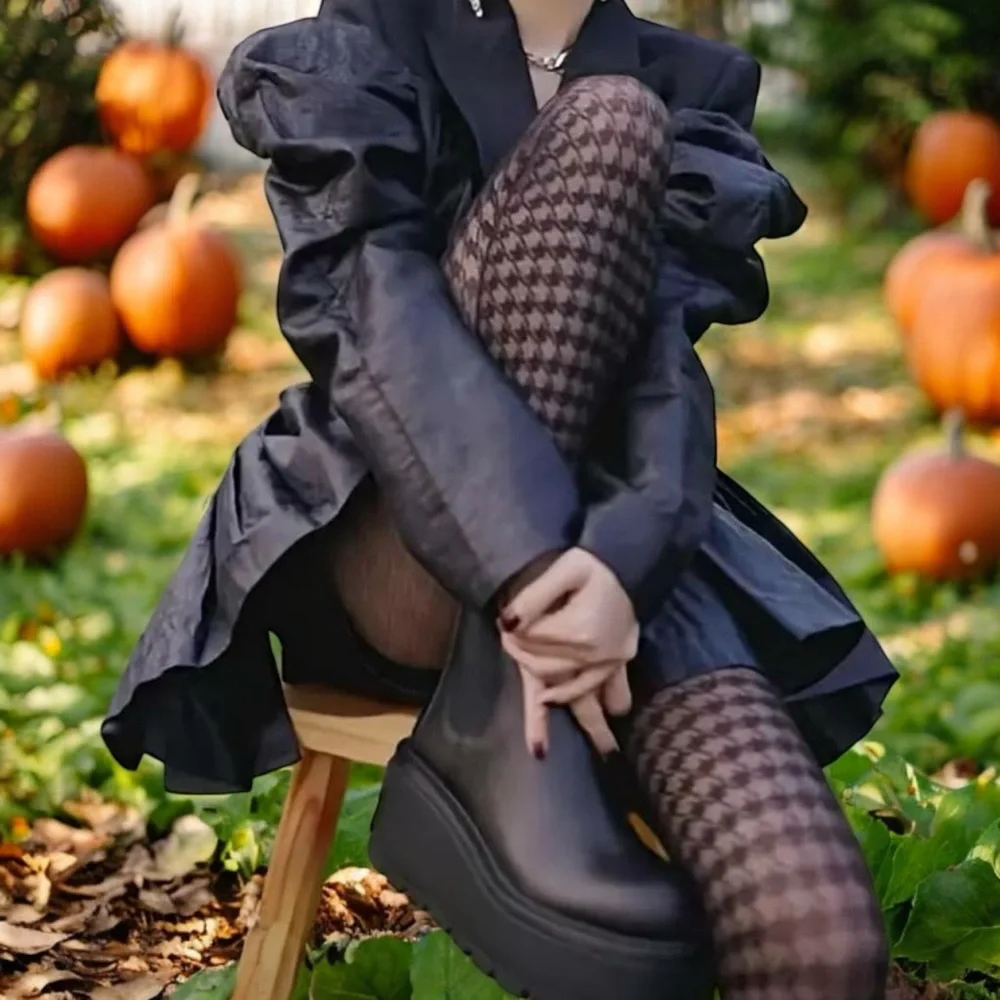 Houndstooth Black Pantyhose, High Waist Elastic‎ Footed Pantyhose One Size